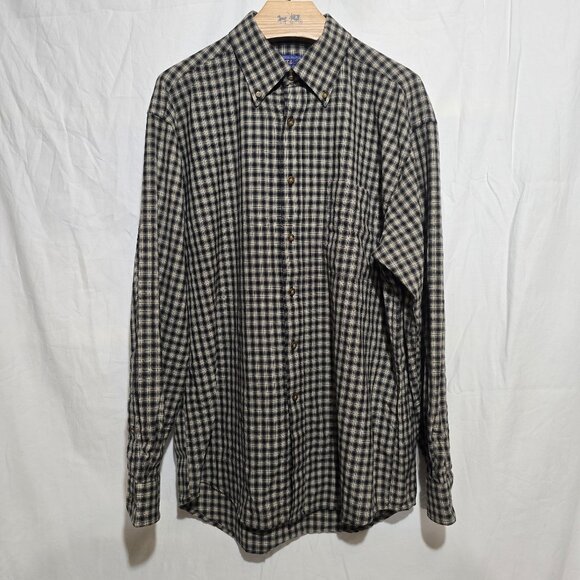 Pendleton Sir Pendleton Fine Worsted Wool LS Bf Plaid Shirt Beige Black Plaid M* - Picture 1 of 4